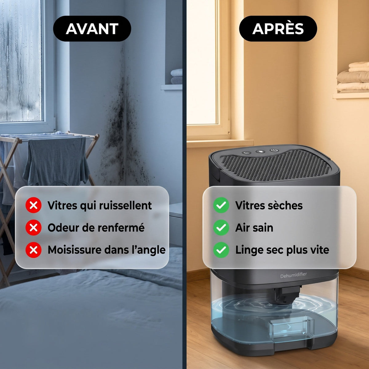 Déshumidificateur silencieux 2 en 1 pour air intérieur