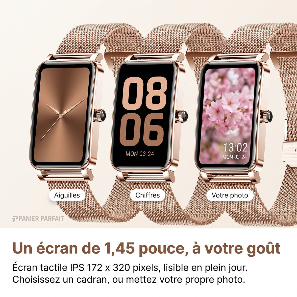 Montre connectée élégante avec suivi santé et fitness