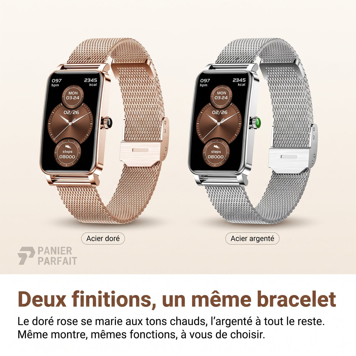 Montre connectée élégante avec suivi santé et fitness
